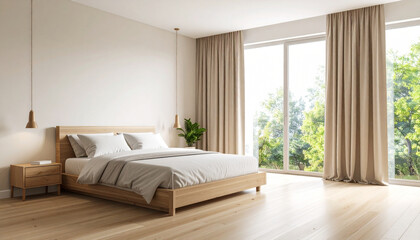 Fototapeta premium Empty Bedroom with Large Window and Soft Curtain