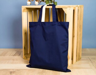 Eco-friendly navy blue cotton tote bag mockup for shopping or promotional branding. Reusable canvas shopper with space for a custom logo.