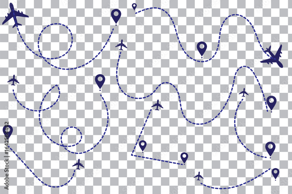 Poster airplane with dotted line route. flying plane with twisted, curved and straight dashed trace path ve