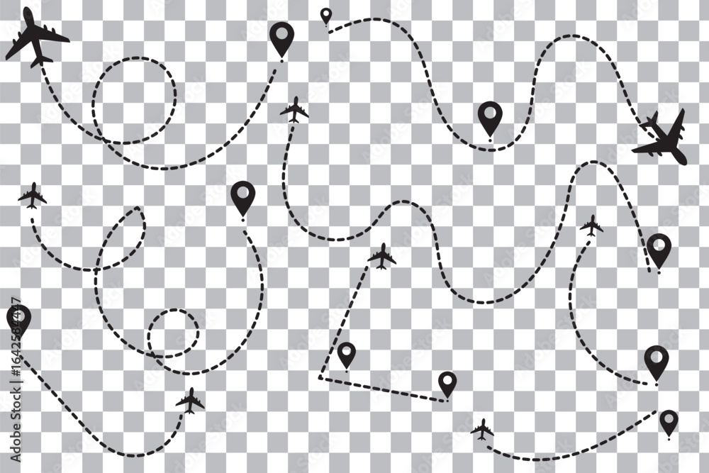 Poster airplane with dotted line route. flying plane with twisted, curved and straight dashed trace path ve