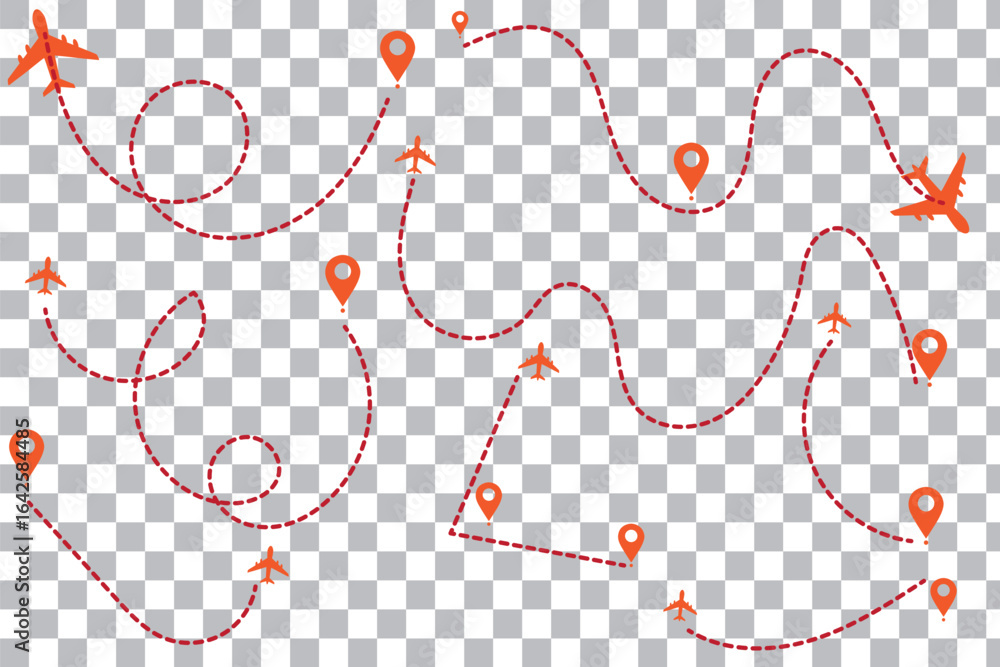 Poster airplane with dotted line route. flying plane with twisted, curved and straight dashed trace path ve