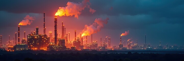 Industrial complex at twilight, illuminated by factory lights.