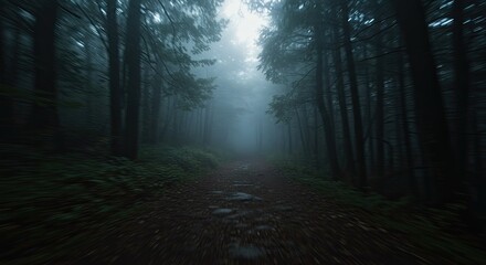 Naklejka premium Eerie Forest Path with Motion Blur and Mystical Fog, Leading to a Bright Unknown