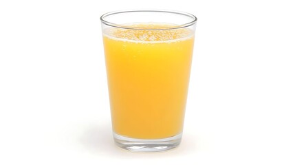 Freshly poured glass of orange juice displaying tiny bubbles, isolated on white background taken with DSLR 85mm lens, soft light and crisp detail