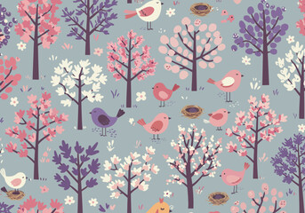 Whimsical Bird and Blossom Tree Pattern on Blue Background.