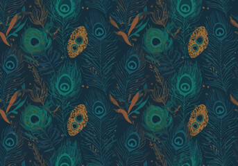 Ornate Peacock Feather Pattern in Teal Brown and Gold Hues.
