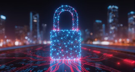 Digital padlock glowing with neon lights against a cityscape backdrop, symbolizing cybersecurity.