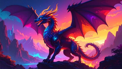 Majestic Bioluminescent Dragon Roars on a Mountain Peak at Fiery Sunset