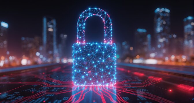 Digital padlock glowing with neon lights against a cityscape backdrop, symbolizing cybersecurity.