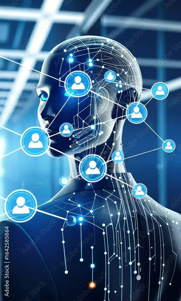 Aufkleber futuristic robot figure in digital network background