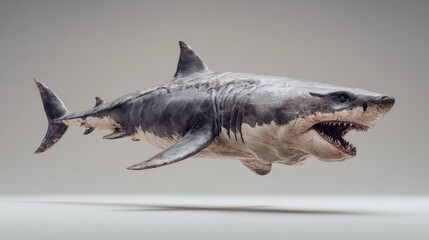Naklejka premium Realistic cinematic prehistoric shark monster, ancient scars, fierce expression, isolated on pale background