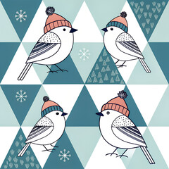 Geometric stylized birds in winter hats, minimal color palette, modern repeat design.
