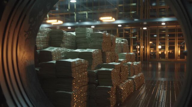 Vault door opens to reveal shelves stacked with currency and coin bags under dim lighting