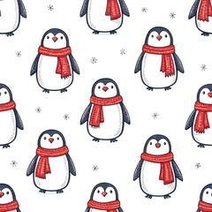 Simple outline penguins with red scarves, clean white background, minimal repeat design.
