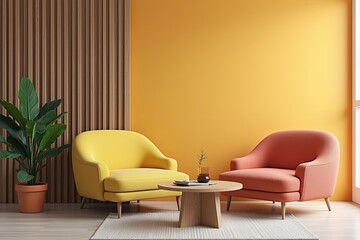 A living room with two armchairs, a coffee table, and contrasting colors.