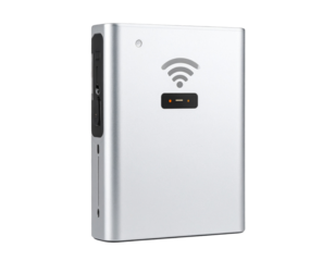 Portable Wireless Router with Signal Icon Display, Side Profile, isolated on a transparent background