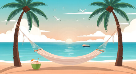 Tropical Hammock Scene with Palm Trees, Sandy Beach and Sea View