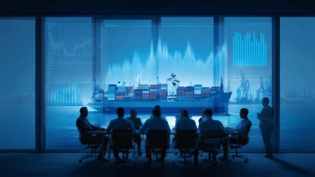 A conference room setting where industry leaders are engaged in discussions surrounded by graphs and infographics on a screen that depict the financial implications of implementing