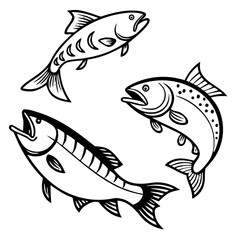 Obraz premium Simple Black and White Cartoon Fish Illustration, Fish silhouette grid, black aquatic vector, identical fish clipart, marine animal design, underwater pattern graphic, dorsal fin illustration