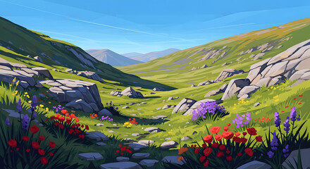 Scenic Green Valley with Colorful Wildflowers and Gray Rocks Under Blue Sky