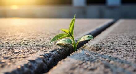 A small green plant emerges from a crack in a concrete surface, illuminated by sunlight.
