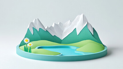 Fototapeta premium Scenic Paper Art of Mountain Landscape with Lake and Flowers