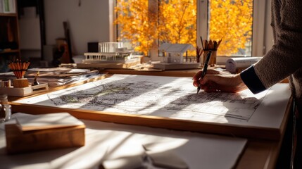 Architect amends drawings on a blueprint near window with fall foliage in view