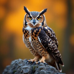 Magnificent Great Horned Owl Perched on a Mossy Rock During Autumn