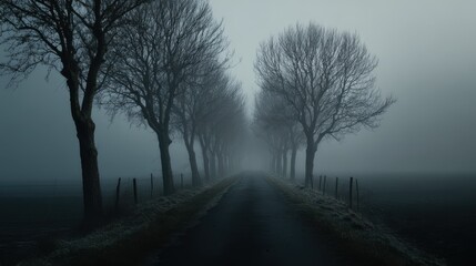 Fototapeta premium Atmospheric Misty Road with Bare Trees Lining a Rural Route in Foggy Environment