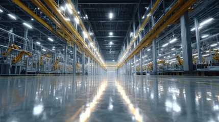 Fototapeta premium Automated factory floor reflects light under high metal structure in a modern interior