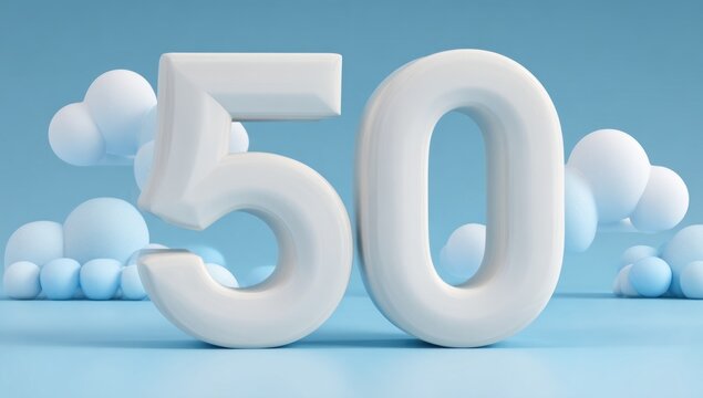 3D rendered number fifty on a light blue background with clouds