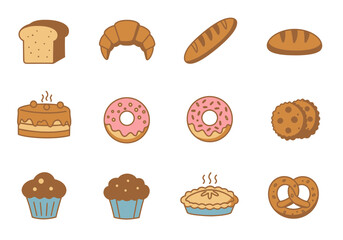 Pixel Art Icons of Assorted Baked Goods: Bread, Croissants, Donuts, Muffins, and More