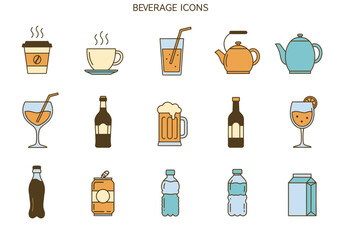 Pixel Art Beverage Icon Set: Coffee, Tea, Juice, Beer, Wine, Soda and Water in Various Styles
