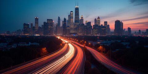 Obraz premium Cityscape at dusk with streaking headlights on a highway