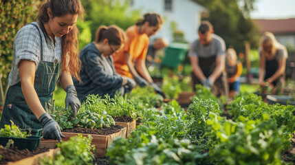 Community Gardening Activity with People Planting Vegetables and Herbs