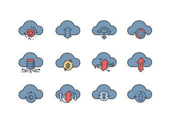 Cloud Data Transfer Icons Set: Blue and Red Pixel Art Upload Download Synchronization