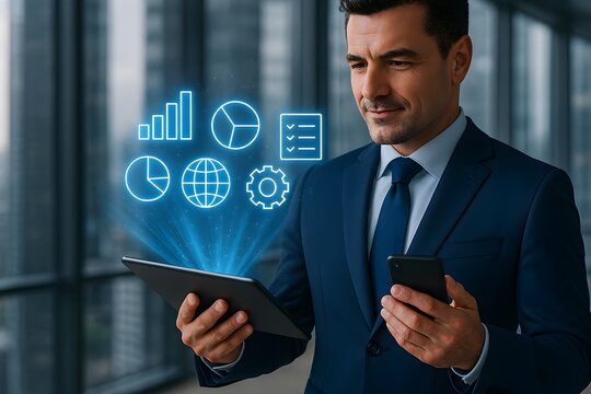 Corporate professional with tablet and smartphone in blue theme