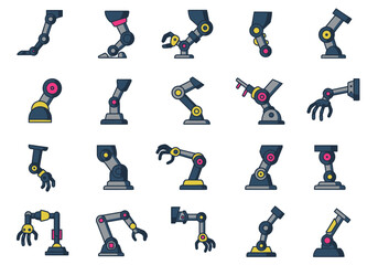 Pixel Art Robotic Arm Icons:  A Diverse Collection of  Grey, Pink, and Yellow Robotic Arms on White Background