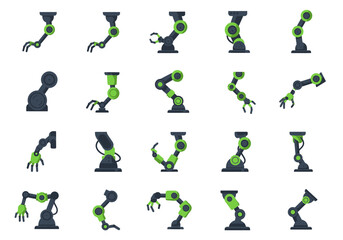 Pixel Art Robotic Arm Icons: Green and Gray Mechanical Illustrations