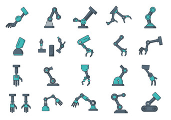 Pixel Art Robotic Arm Collection: Teal and Gray Mechanical Designs on White Background