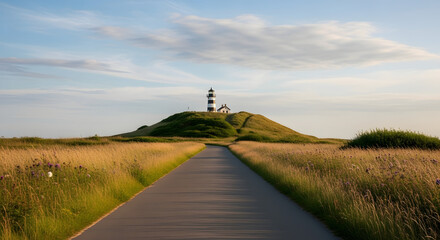 Coastal Lighthouse with Black Stripes on Grassy Hill at Sunset