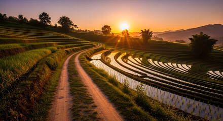 Fototapeta premium Lush Green Rice Terraces with a Winding Path at Sunrise