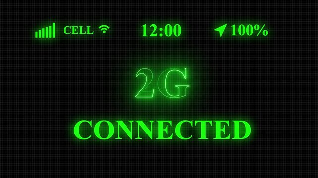 2G network connected appear on old display. Pixelated text animation with phone hd. 45k to 60 fps. symbolizing advanced wireless Internet Connection of Internet of things IOT, Technology Network