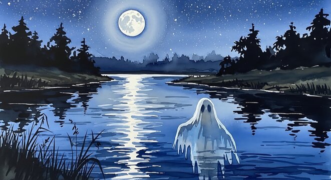 Ethereal Ghostly Figure Floating in a Calm Lake Under a Starry Night Sky with a Full Moon, Watercolor Painting for Halloween and Spooky Themes - Powered by Adobe