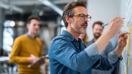 Project manager leads collaborative meeting in bright project room pointing at scheduling software as team members take notes and plan next steps.
