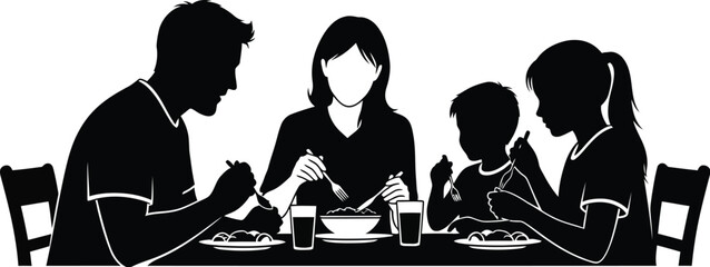 A family is sitting around a table, eating dinner together and enjoying each others company in their home