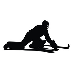 Obraz premium Hockey goalkeeper silhouette lunging to save ball on white background 