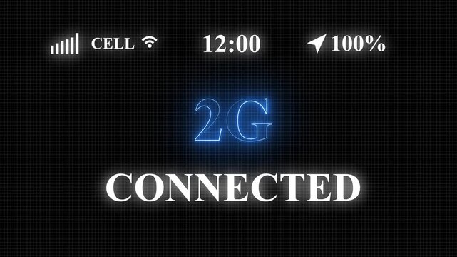 2G network connected appear on old display. Pixelated text animation with phone hd. 45k to 60 fps. symbolizing advanced wireless Internet Connection of Internet of things IOT, Technology Network