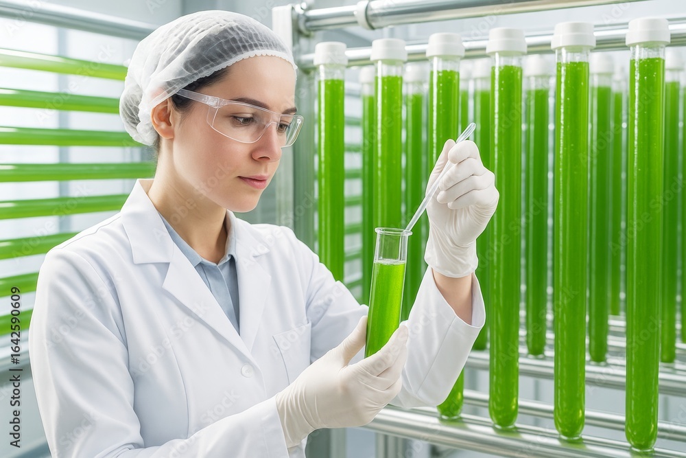 Aufkleber female scientist analyzing green liquid in test tube at bioreactor lab with modern background and co