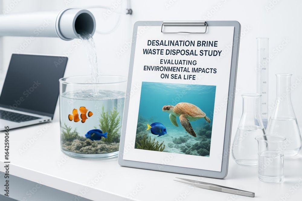 Poster environmental impact study on desalination brine waste with sea life visuals on clipboard in bright 